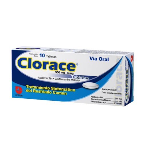 Acetaminofén + Clorfeniramina 500mg/4mg Clorace Cofasa Caja x 10 Tabletas